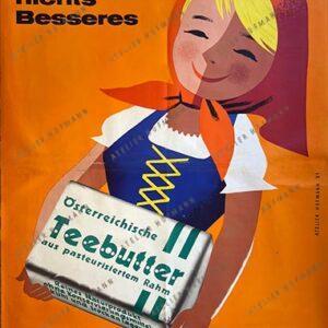 Österreichische Teebutter Poster von Hofmann Graphics illustriert von Walter Hofmann zeigt eine Werbeszene aus den 60er Jahren mit Teebutter